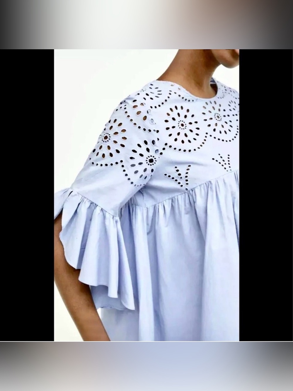 Zara Light Blue Eyelet Babydoll Dress, Size M - Picture 3 of 10